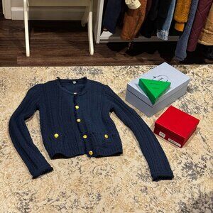 Tahari navy blue cardigan with gold buttons, XS